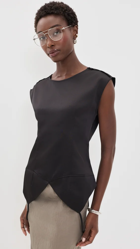 Sleeveless Satin Top with Bottom V Slit