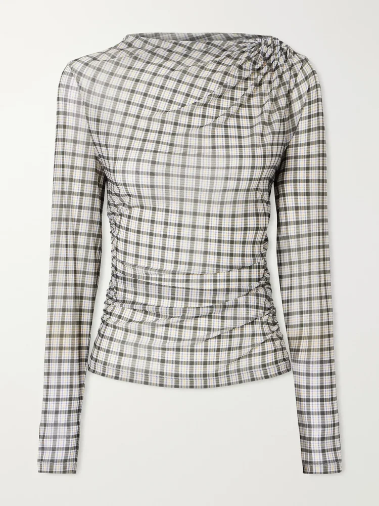 Nuvina gathered checked stretch-mesh blouse