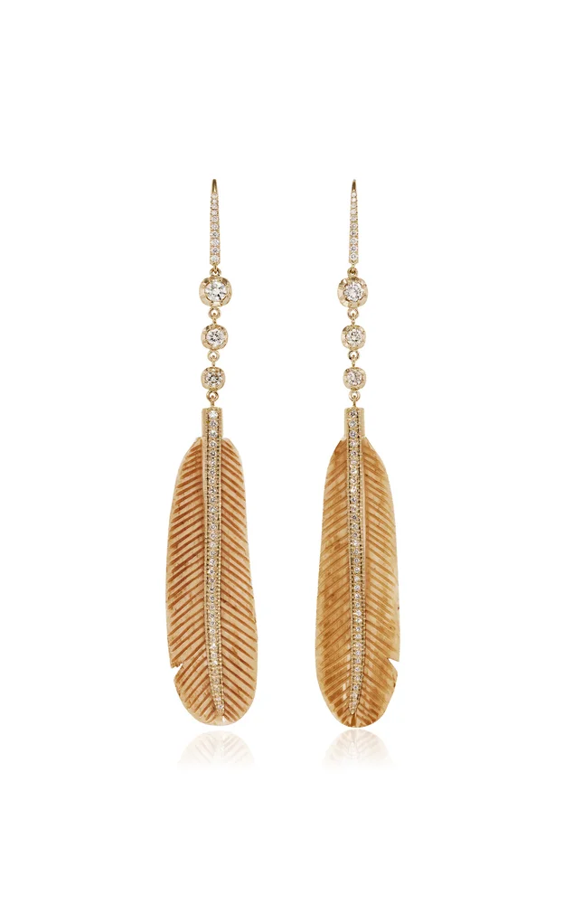 14k Yellow Gold 3 Sophia Diamond + Pave Natural Bone Feather Earrings