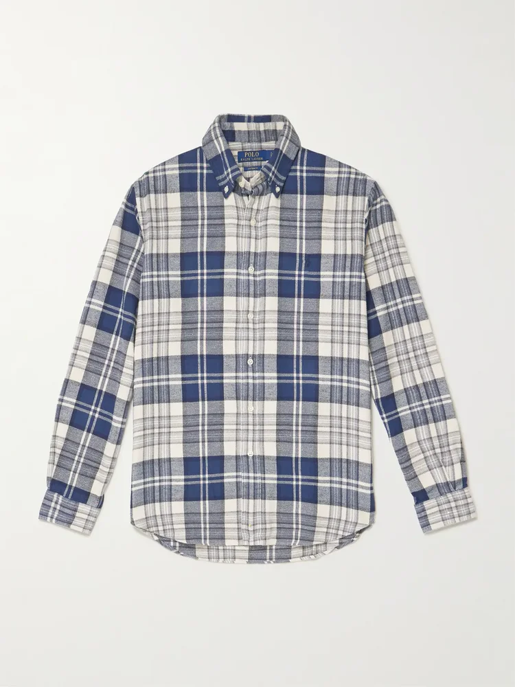 Button-Down Collar Logo-Embroidered Cotton-Flannel Shirt