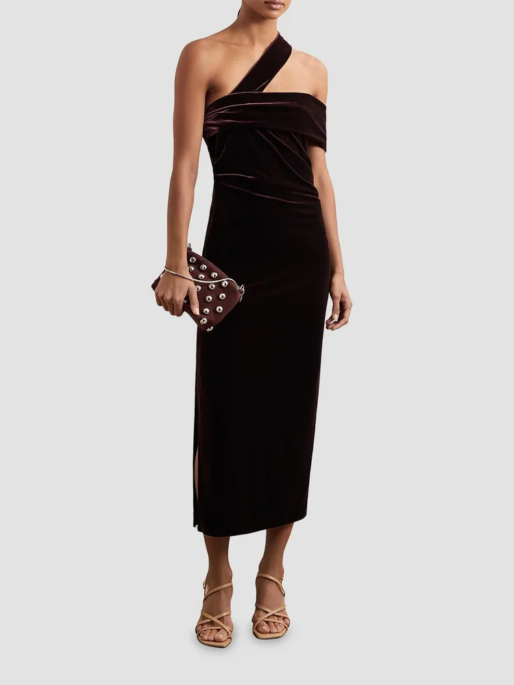 Dalia Asymmetric-Neck Velvet Midi-Dress