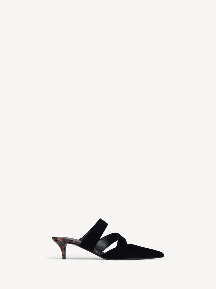 Velvet and printed patent leather mules