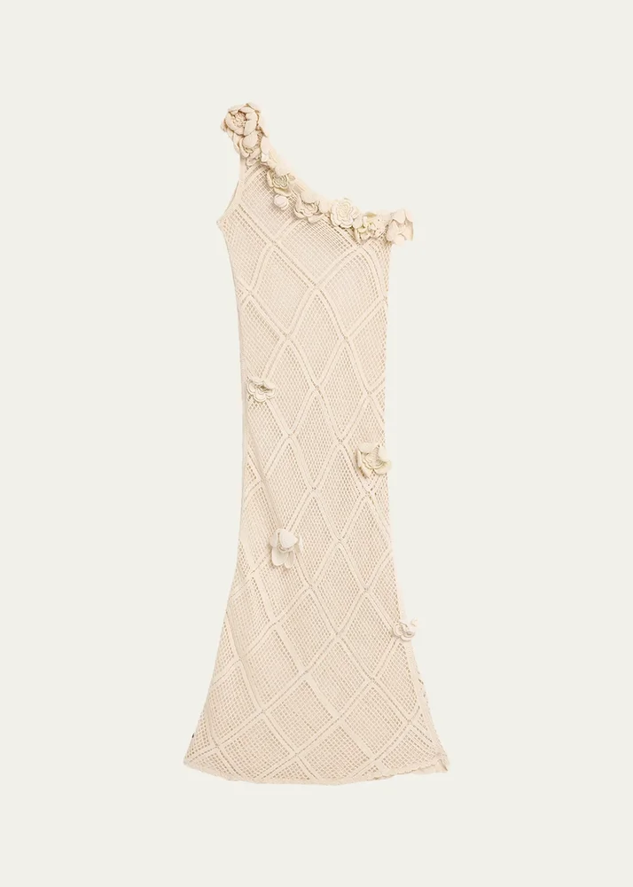 Floral Crochet One-Shoulder Net Knit Ankle Dress