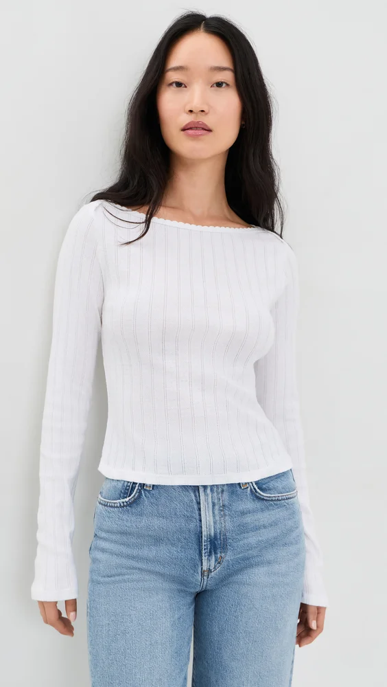 Pointelle Long Sleeve Bateau Top