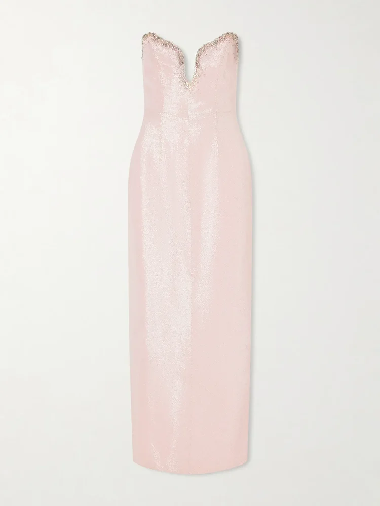 Selene embellished scalloped strapless satin-crepe gown