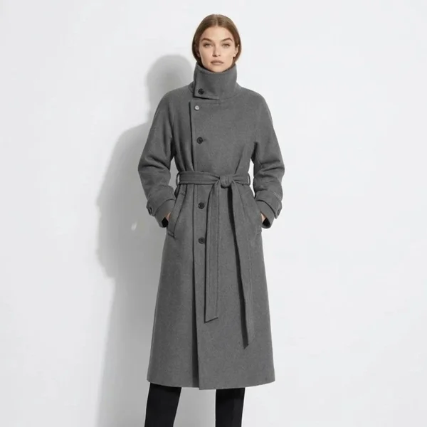 Women's Long Wool Funnel Neck Coat with Belt - Winter Overcoat Designer Asymmetrical Colla
