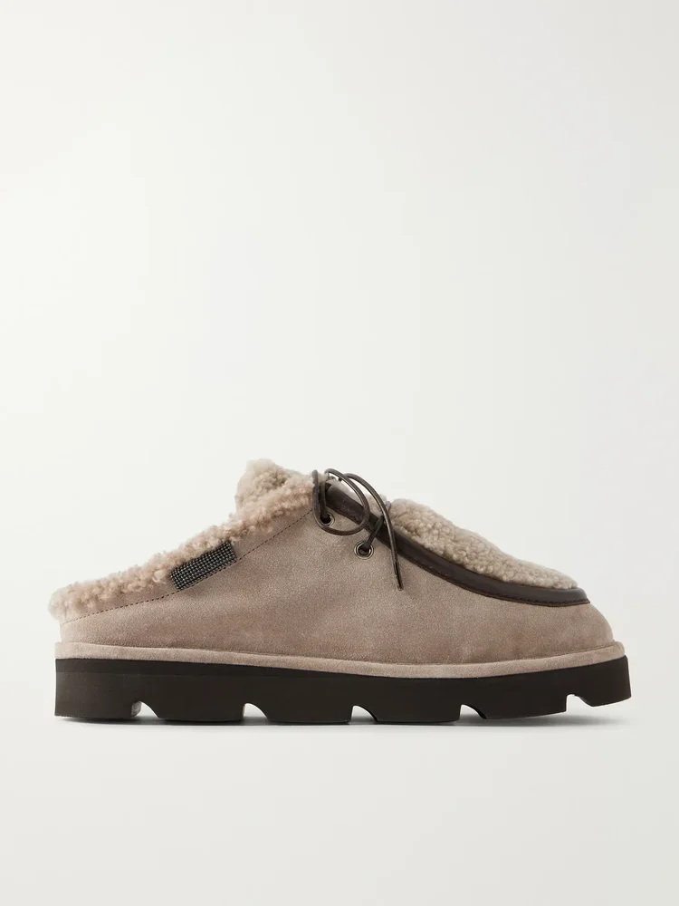 Shearling-trimmed suede clogs