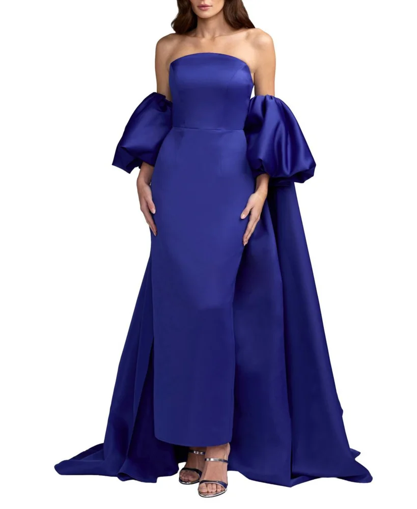 Strapless Puff Sleeve Satin Gown with Cape