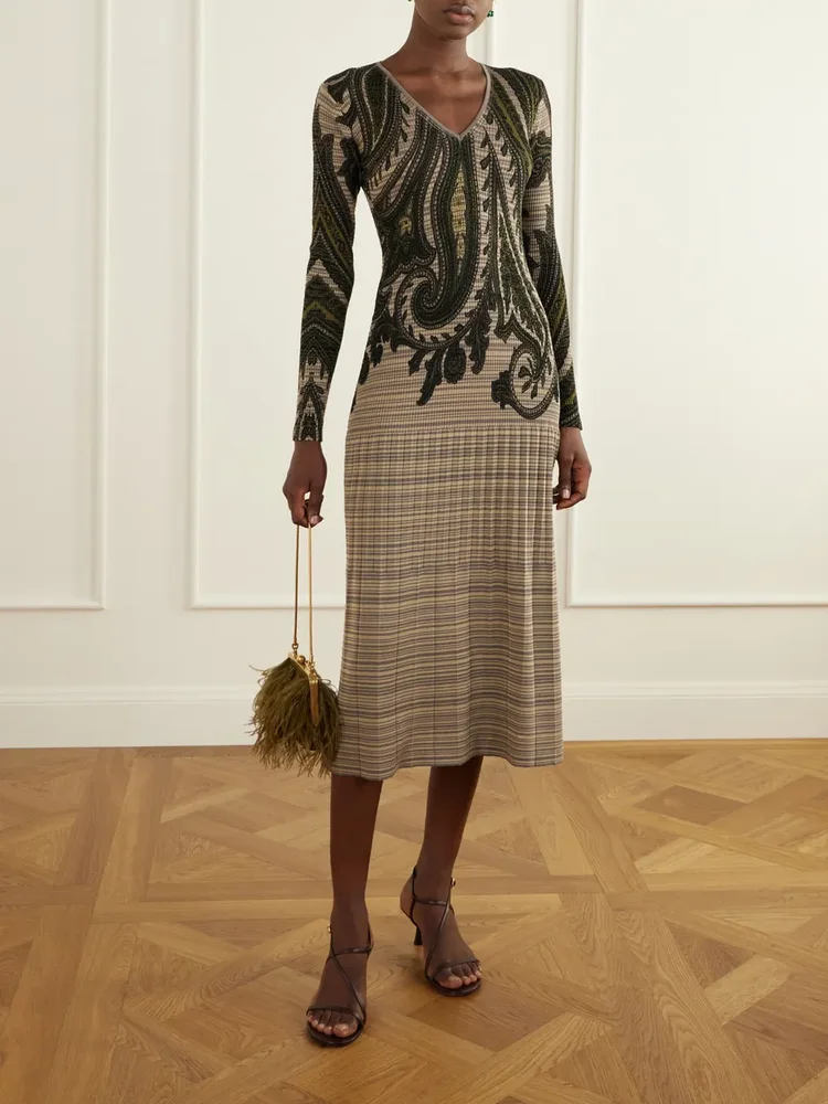 Printed ribbed-knit midi dress