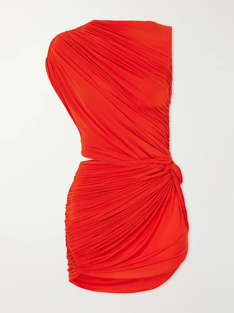 Asymmetric gathered cut-out jersey mini dress