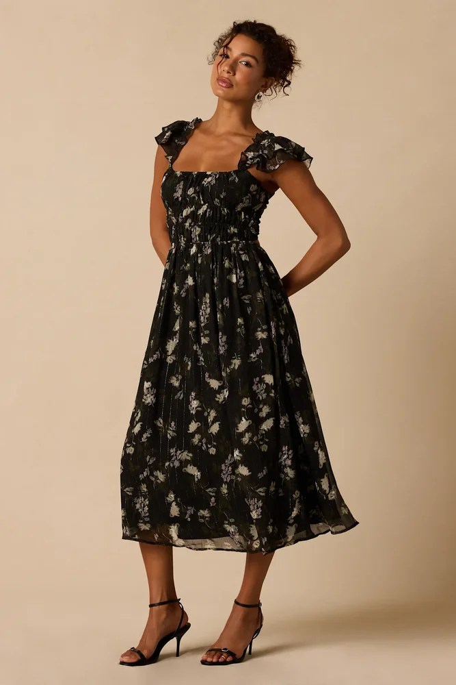 Lula Black Floral Print Midi Dress