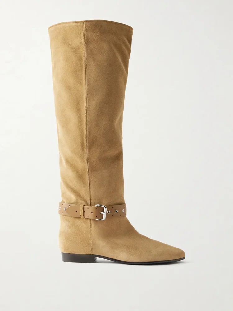 rilton eyelet embellished leather trimmed suede knee boots