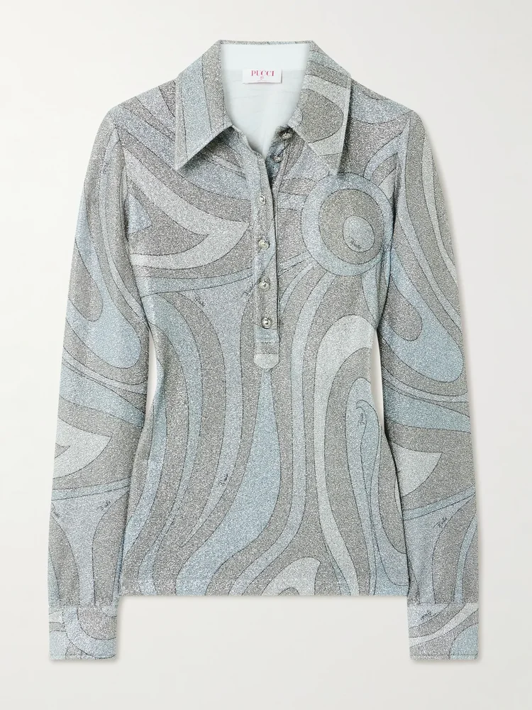 Printed metallic jersey polo shirt