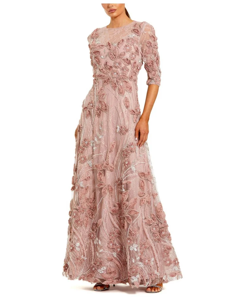 3/4 Sleeve High Neck Embroidered A-Line Gown