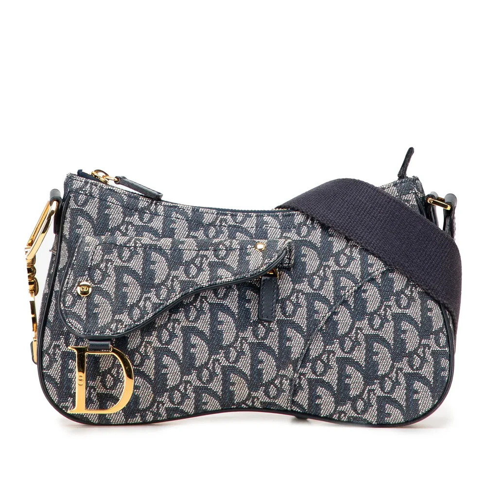 Dior Vintage Double Saddle Bag Diorissimo Canvas, Blue