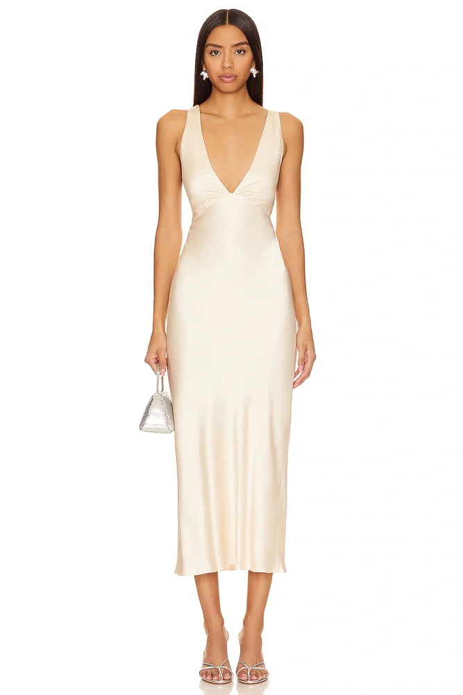 La Lune Plunged Cross Back Midi Dress