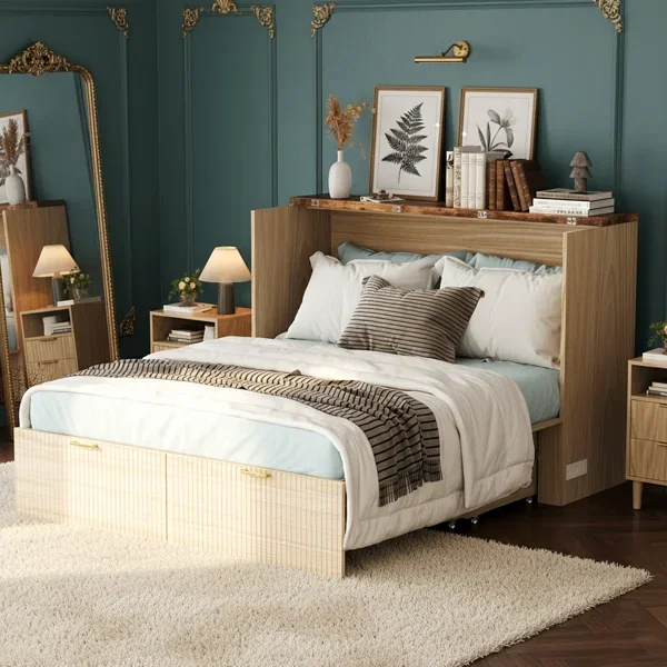 Queen Murphy Wood Bed With Charging Station and Storage Drawers, Beige