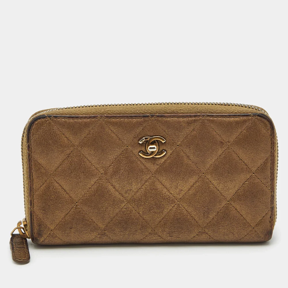 Gold Quilted Leather CC Zip Around Wallet