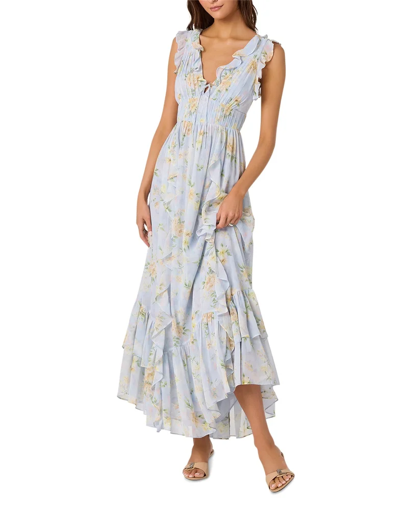 Sleeveless Ruffled Flowy Floral Print Maxi Dress