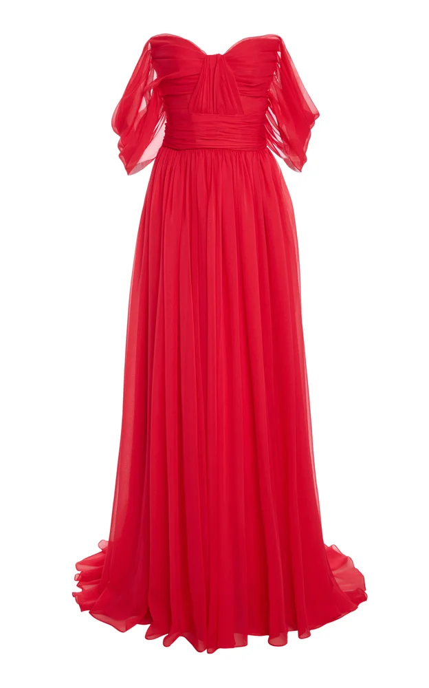 Silk Chiffon Draped Bodice Gown With Juliet Sleeves