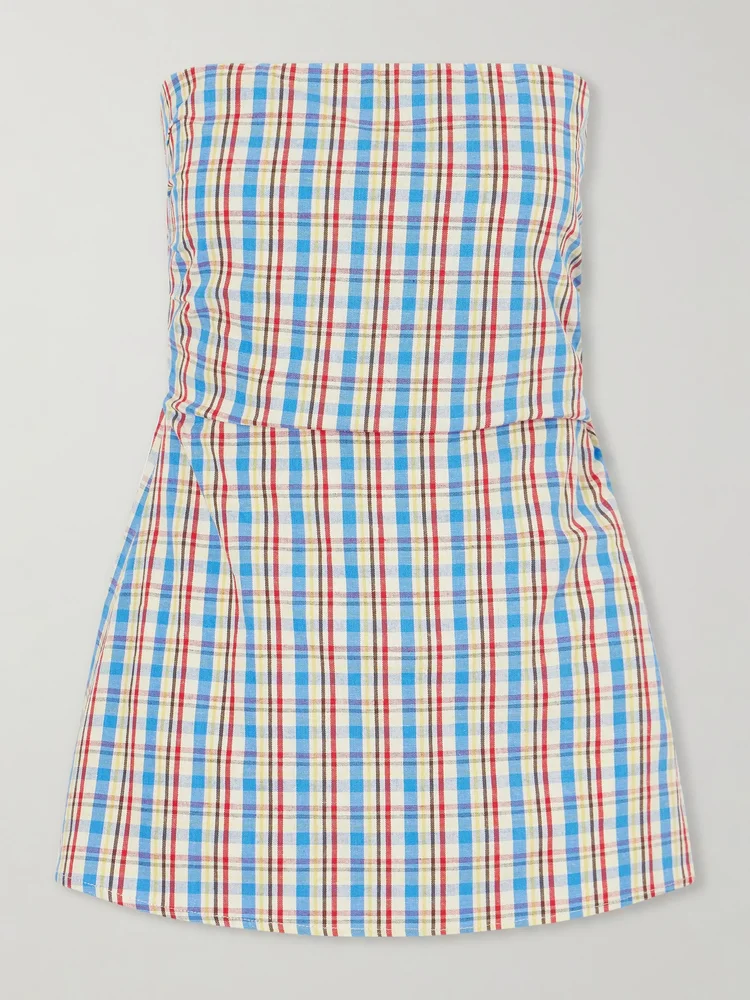 Isole strapless checked cotton and linen-blend top