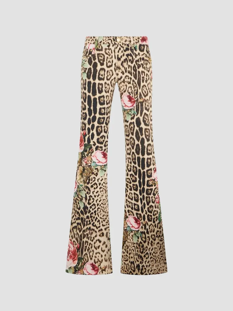 Floral Cheetah-Print Low-Rise Flare Trousers