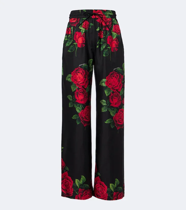 Floral silk satin wide-leg pants