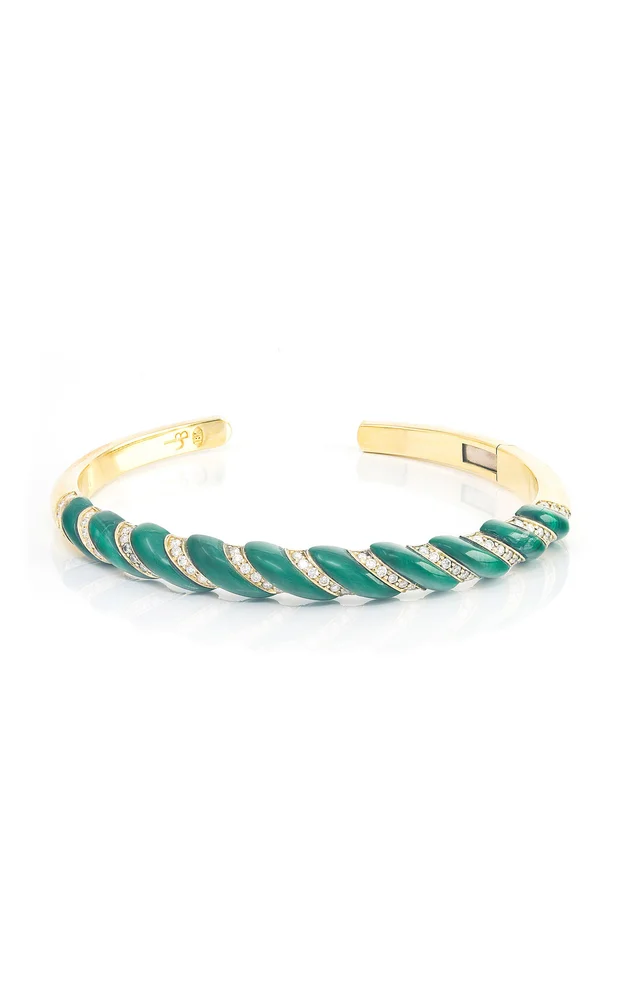 70s 18K Yellow Gold Diamond And Malachite Bangle