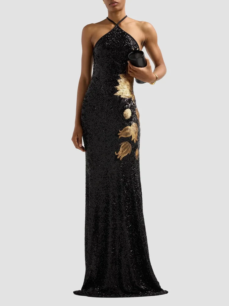 Flower Stretch Sequin Halter Gown