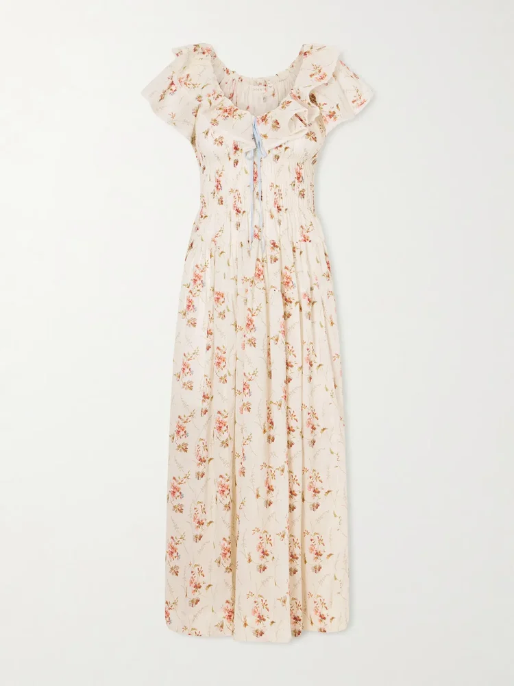 illiana lace trimmed shirred floral print organic cotton dress