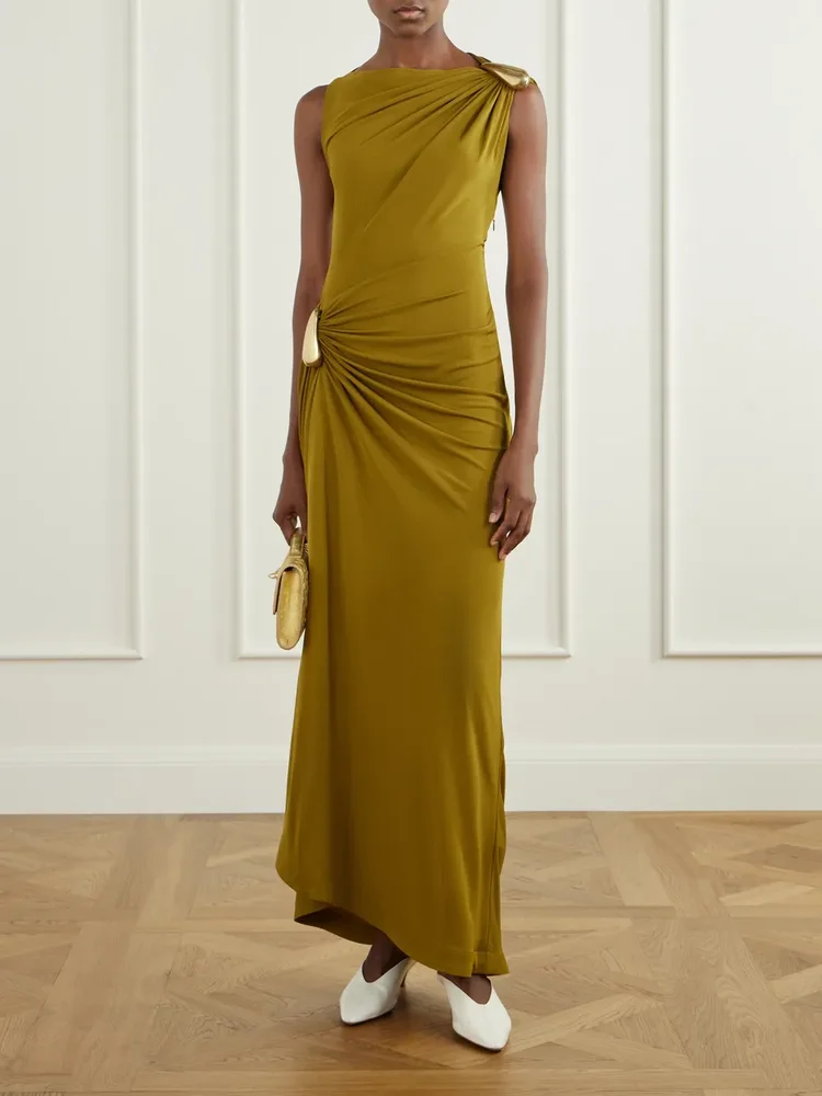 Gathered embellished crepe-jersey maxi dress