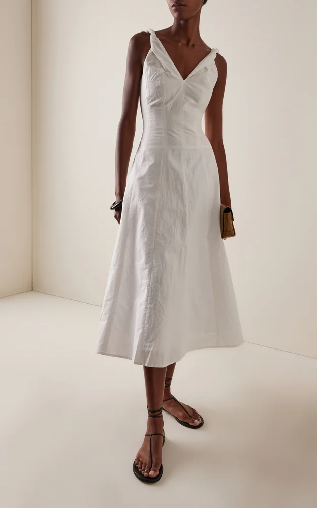 Twisted-Shoulder Cotton-Blend Midi Dress