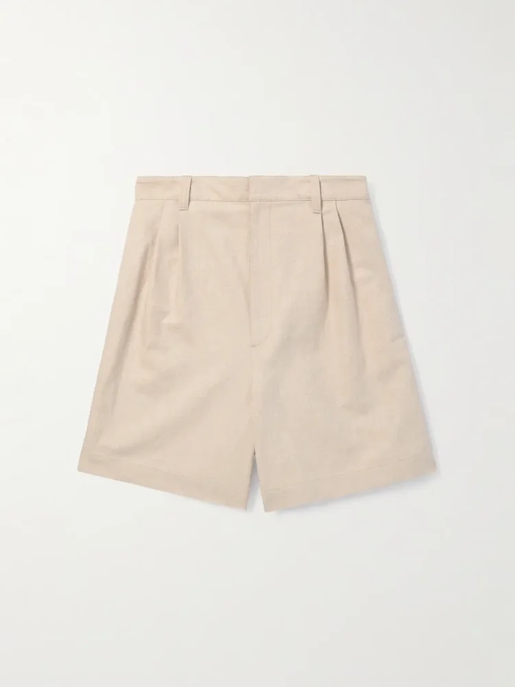 Straight-Leg Pleated Linen and Cotton-Blend Twill Shorts
