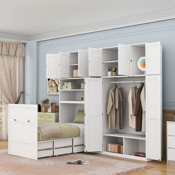 Twin-Size Murphy Bed with Built-In Wardrobe and Shelves, LED Lighting