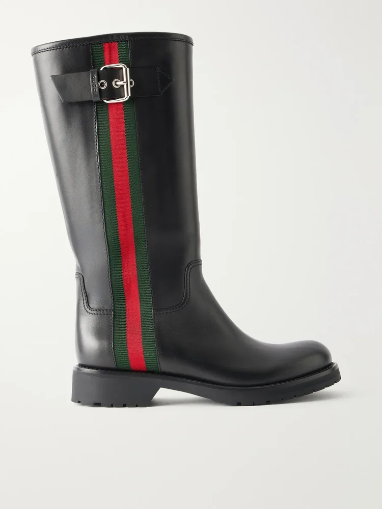 Web Detailed Leather Knee Boots