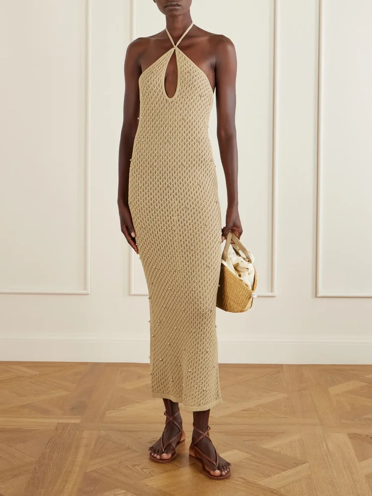 Isola embellished crocheted cotton halterneck maxi dress