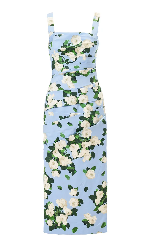 Draped Painted Rose Cotton-Blend Midi Dress