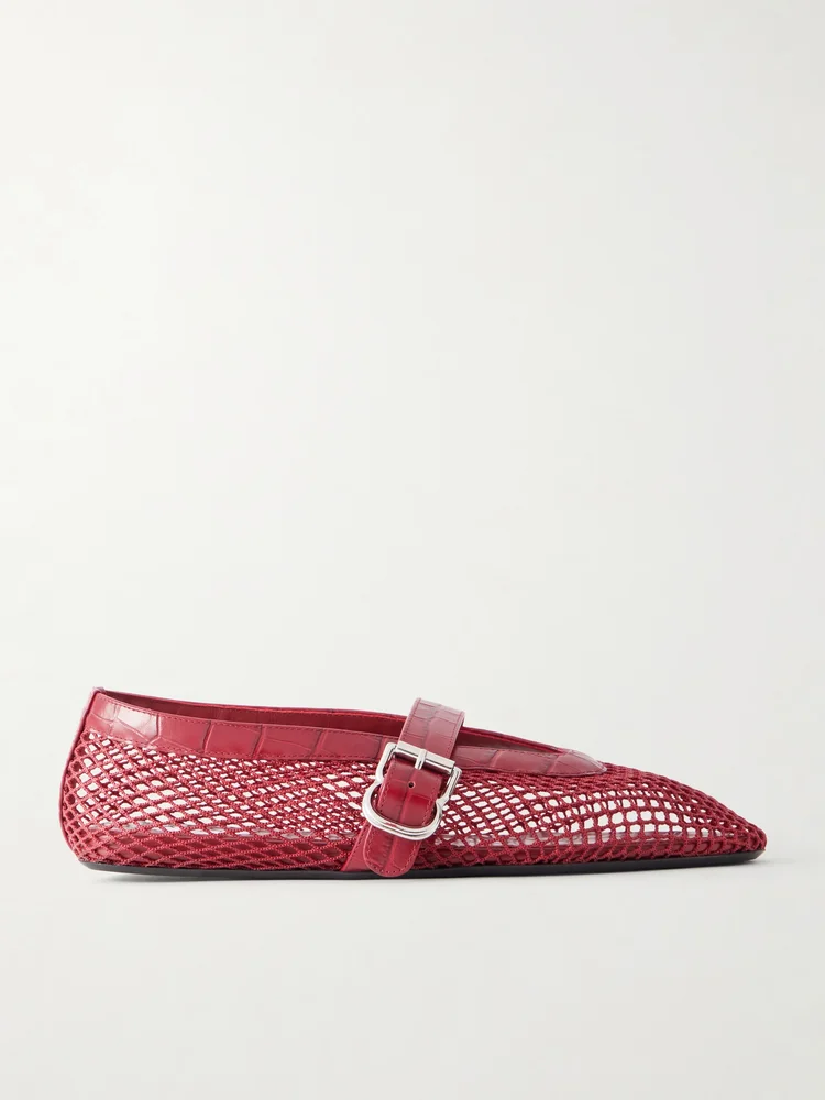 La Ballerine croc-effect leather-trimmed mesh ballet flats