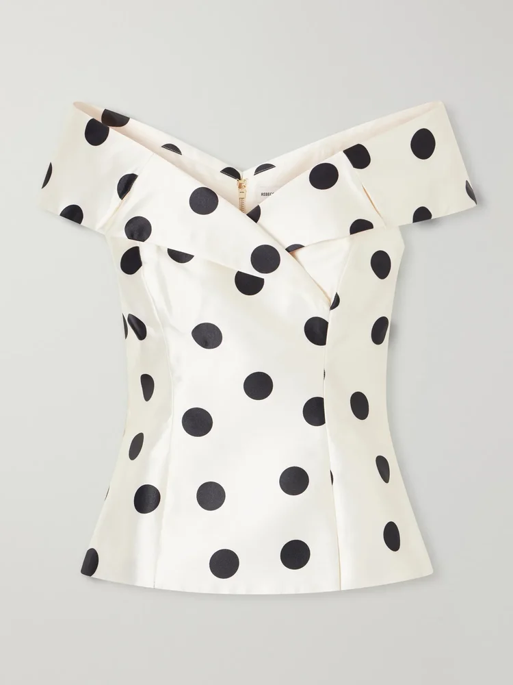 Bacio off-the-shoulder polka-dot satin-twill top
