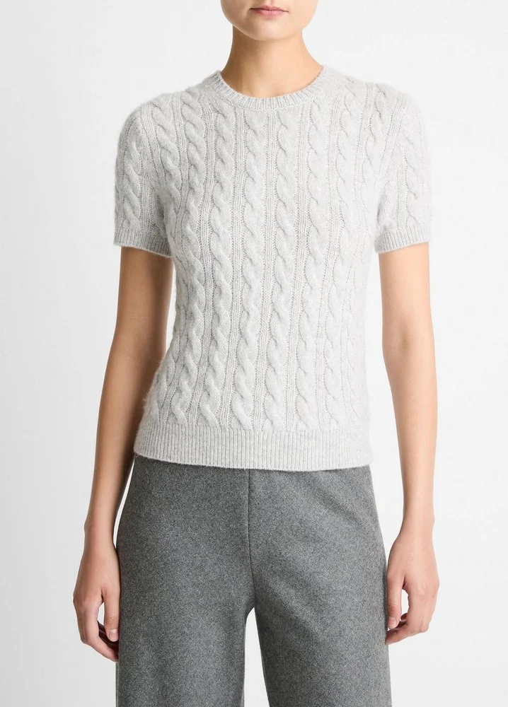 Vince Cable-Knit Wool & Cashmere-Blend Short-Sleeve Sweater