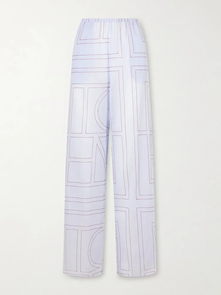embroidered lyocell and cotton blend wide leg pajama pants