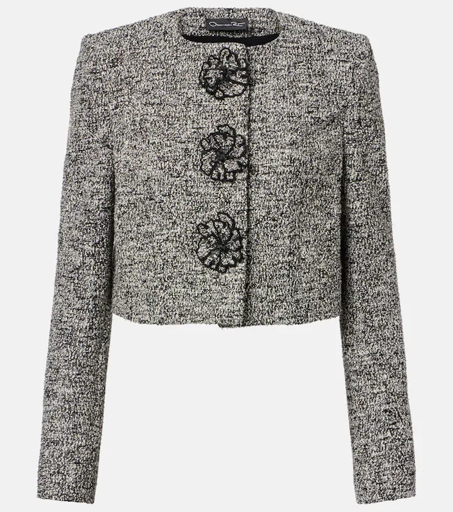 Floral-appliqué cotton-blend tweed jacket