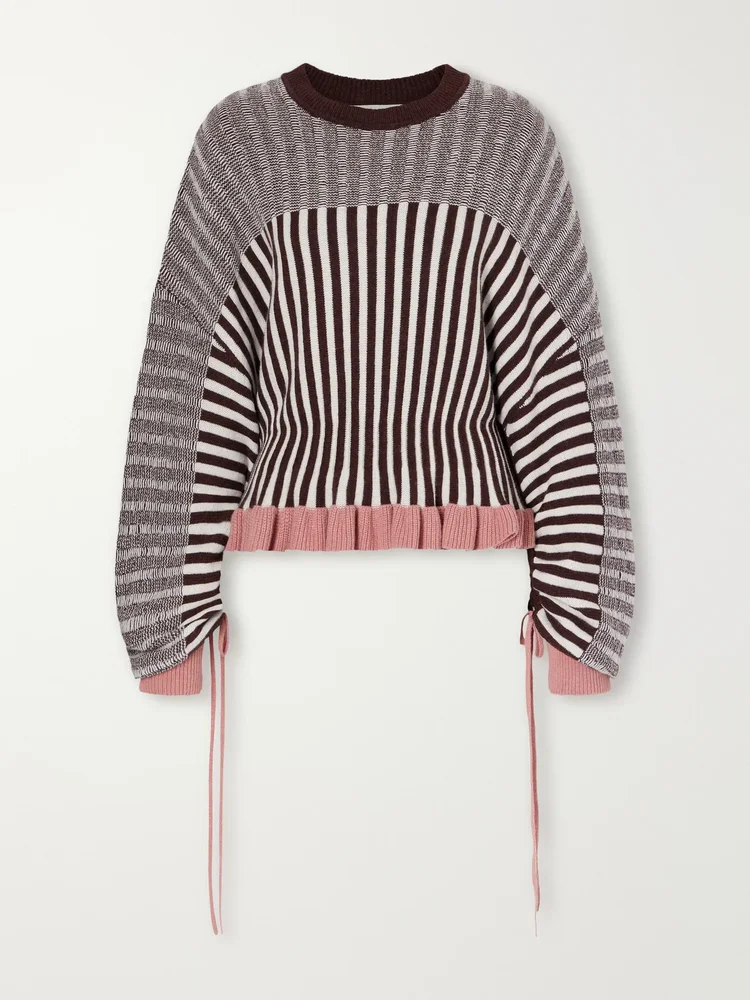 Clash bow-detailed ruffled striped merino wool and cotton-blend sweater