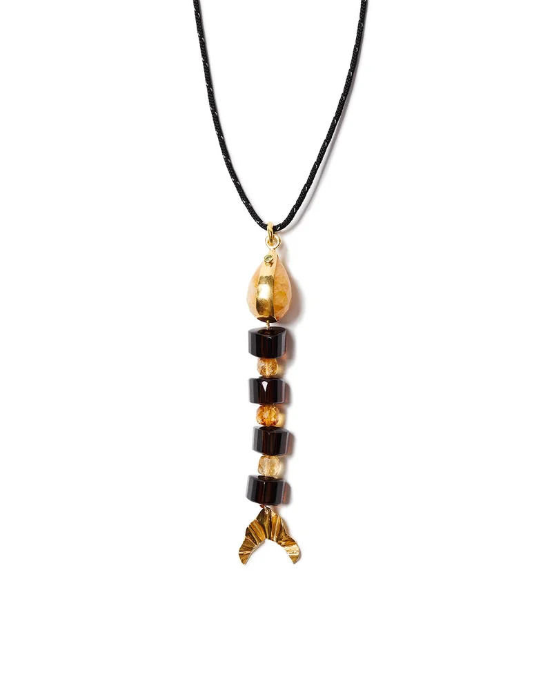 Multi Gemstone Fish Black Cord Pendant Necklace, 42"