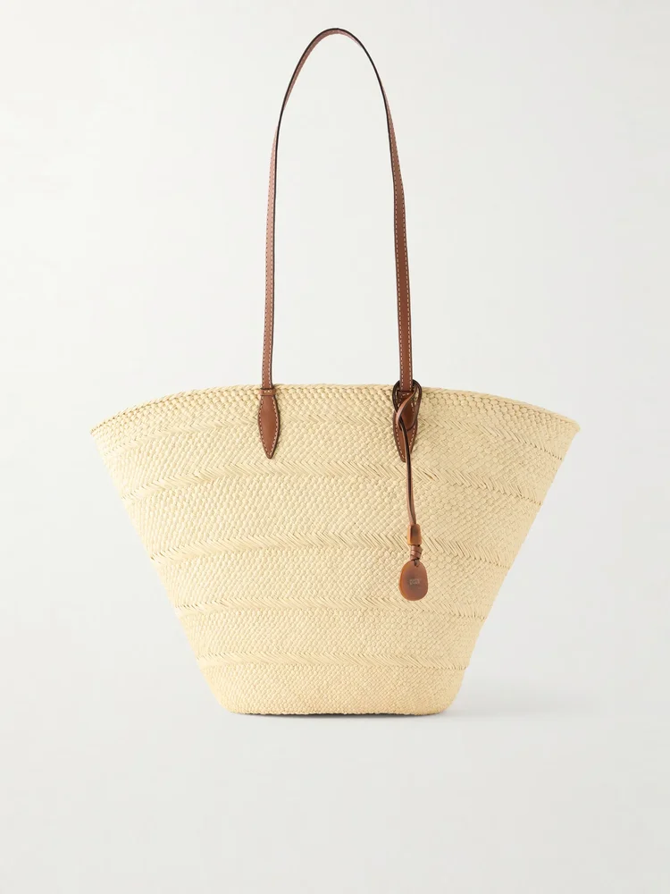 Trapeze Basket leather-trimmed woven raffia tote