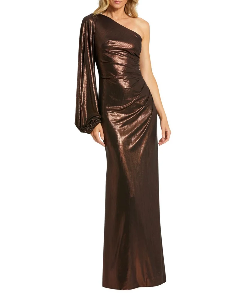 One Shoulder Long Sleeve Metallic Gown