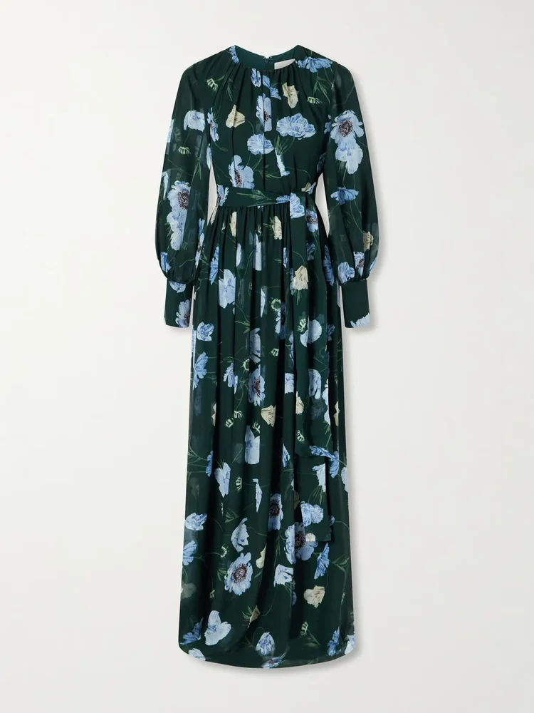 Floral-printed silk-voile gown