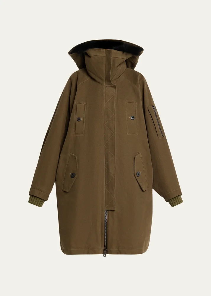 Lamb Shearling Lined Oversized Hooded Bomber Jacket