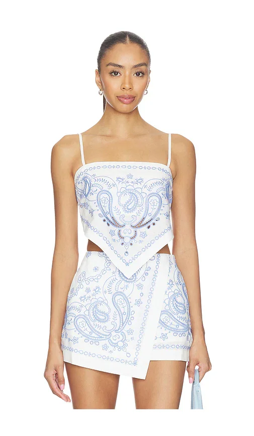 White And Blue Embroidered Linen Top self-portrait