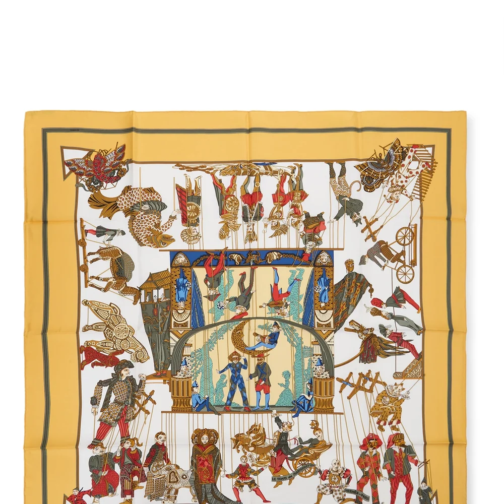 Orange & Multicolor 'Le Temps des Marionnettes' Silk Scarf 90